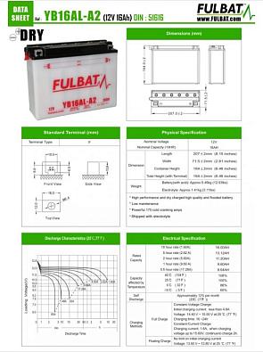 FB16AL-A2 Аккумулятор FULBAT для снегоходов YAMAHA Viking 540, 12V/16 Ah/175A   OEM: YB1-6ALA2-00/YB YB16AL-A2-1
