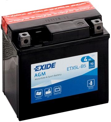 ETX5L-BS Аккумулятор EXIDE (AGM/сухозаряженный) для мототехники, 12V/4Ah/70A   OEM: YTX5L-BS, CT 120 ETX5L-BS