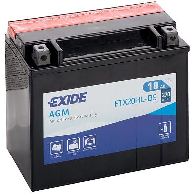 ETX20HL-BS Аккумулятор EXIDE (AGM/сухозаряженный) для мототехники, 12V/18Ah/270A   OEM: YTX20L-BS/YT ETX20HL-BS